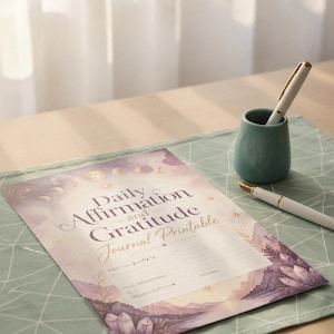 May include: A Daily Affirmation and Gratitude Journal Printable sheet featuring a purple and gold celestial design with moon phases, mountains, and crystals. The page includes lined sections for daily reflections, affirmations, and gratitude.