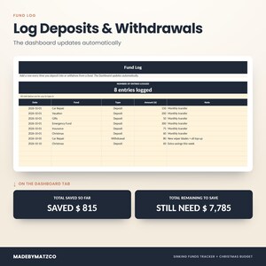 Fund Log tab for logging deposits and withdrawals to each sinking fund, with balances updating automatically in the savings tracker spreadsheet