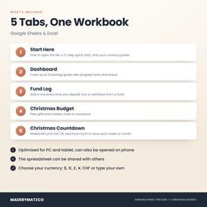 What's included: 5 tabs in one workbook – Start Here, Sinking Funds Dashboard, Fund Log, Christmas Budget and Christmas Countdown