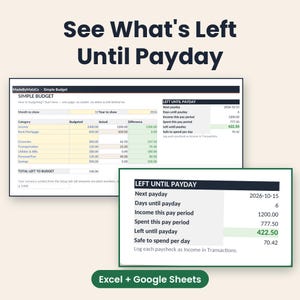 Paycheck Budget Spreadsheet 2027, Biweekly Budget Template, Excel & Google Sheets, Left Until Payday, Net Worth and Savings Tracker
