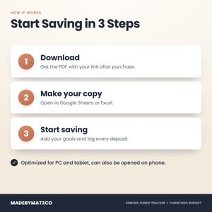 How it works: start saving in 3 steps – download the PDF, make a copy in Google Sheets or open the Excel file, then add goals and save