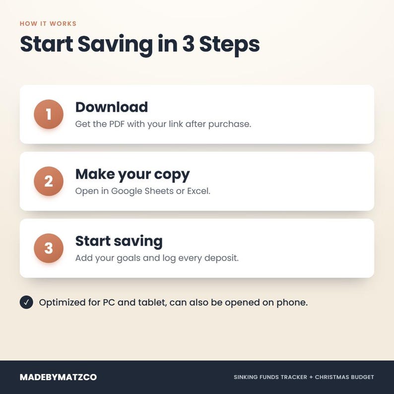 How it works: start saving in 3 steps – download the PDF, make a copy in Google Sheets or open the Excel file, then add goals and save