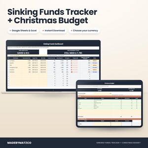Sinking funds tracker spreadsheet on a laptop showing the savings dashboard, with a tablet displaying the Christmas budget gift list, for Google Sheets and Excel