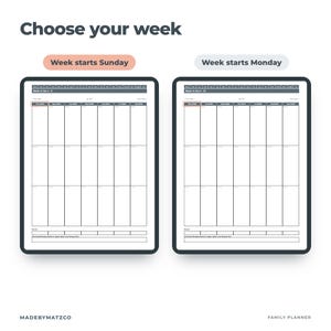 May include: Two digital weekly planner templates displayed side-by-side. The left template shows a week starting on Sunday, and the right template shows a week starting on Monday. Both feature grid layouts with headers, text, and labels.