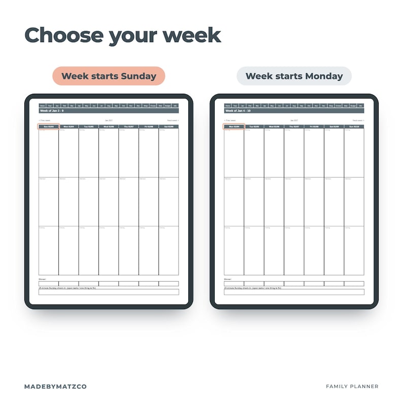 May include: Two digital weekly planner templates displayed side-by-side. The left template shows a week starting on Sunday, and the right template shows a week starting on Monday. Both feature grid layouts with headers, text, and labels.