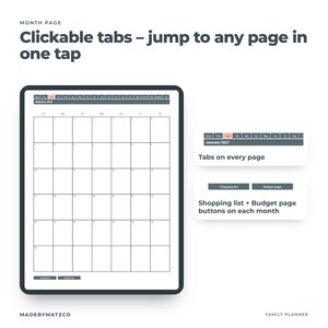 May include: A digital planner interface displaying a January 2027 calendar grid with clickable navigation tabs. Text includes: Month Page, Clickable tabs - jump to any page in one tap, Tabs on every page, Shopping list + Budget page buttons on each month.