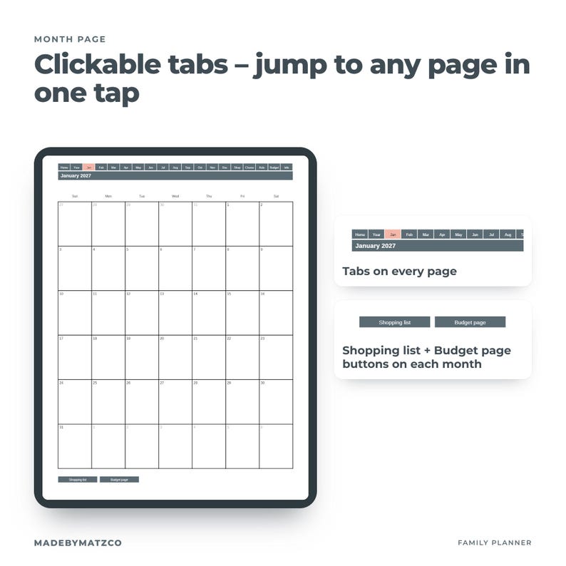 May include: A digital planner interface displaying a January 2027 calendar grid with clickable navigation tabs. Text includes: Month Page, Clickable tabs - jump to any page in one tap, Tabs on every page, Shopping list + Budget page buttons on each month.