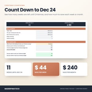 Christmas Countdown tab counting the weeks down to December 24 and showing how much to save per week and per month