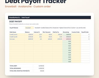 May include: A digital debt payoff tracker spreadsheet featuring columns for debt name, balance, interest percentage, minimum payment, amount paid, remaining balance, custom order, and payoff order. The table includes rows for credit cards and a car loan.