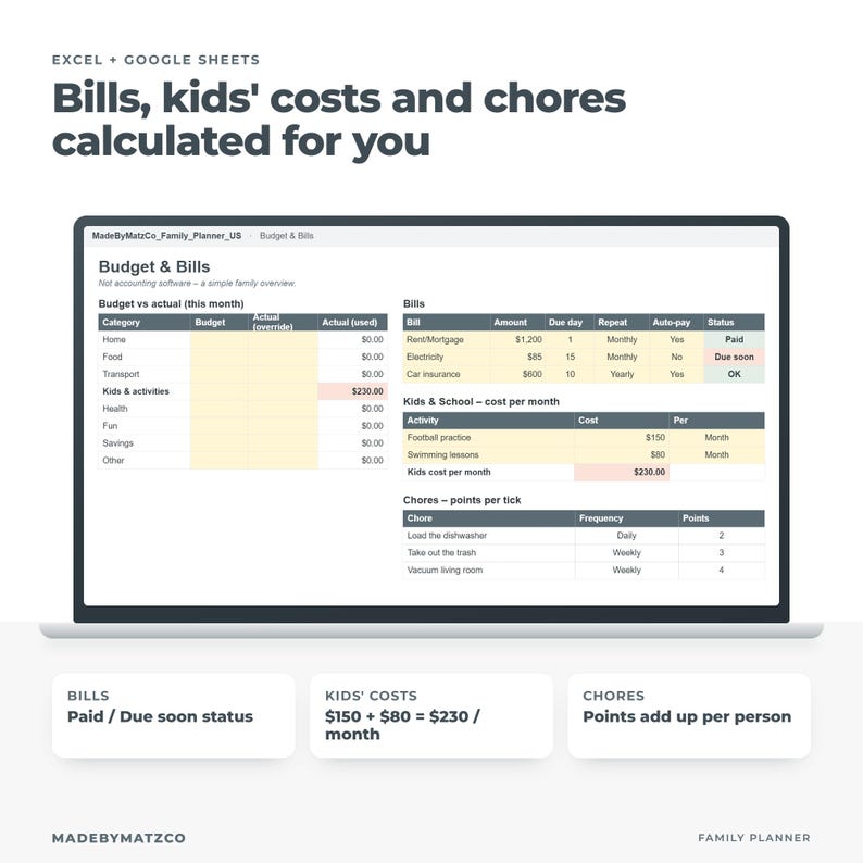 May include: A digital family planner template for Excel and Google Sheets displayed on a laptop screen. The interface features tables for Budget & Bills, Kids & School costs, and Chores with points. Text includes Bills, kids' costs and chores calculated for you.