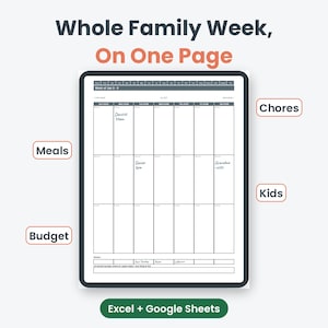 Family Planner spreadsheet weekly page for chores, meals, kids and budget, for Google Sheets and Excel