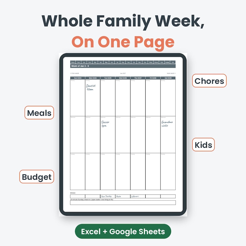 Family Planner spreadsheet weekly page for chores, meals, kids and budget, for Google Sheets and Excel