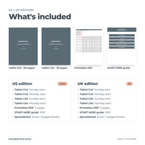 May include: A digital family planner set featuring US and UK editions. Includes Tablet Full and Lite versions, a printable PDF, and a Start Here guide. Lists contents for Letter and A4 formats, including Sunday and Monday start options.