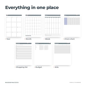May include: A digital family planner set featuring seven white pages with dark gray headers. The pages include a year overview, monthly calendar, weekly schedule, chore chart, shopping list, budget tracker, and kids' activity log.