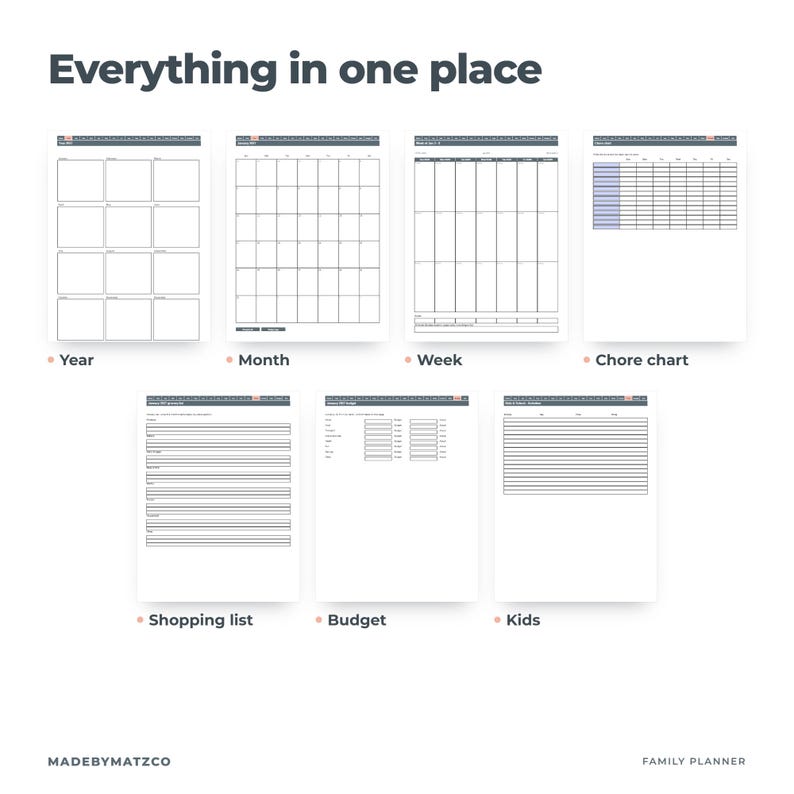 May include: A digital family planner set featuring seven white pages with dark gray headers. The pages include a year overview, monthly calendar, weekly schedule, chore chart, shopping list, budget tracker, and kids' activity log.