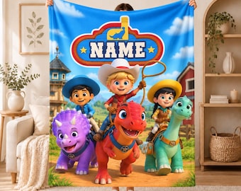 Personalized Western Dino Crew Flannel Throw, Kids Custom Name Blanket