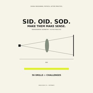 May include: A graphic educational poster titled SID. OID. SOD. MAKE THEM MAKE SENSE. It features a diagram of a black square, a gray oval, and a vertical black line connected by thin lines. Includes the text 56 DRILLS + CHALLENGES and RAD//LOGIC 01.