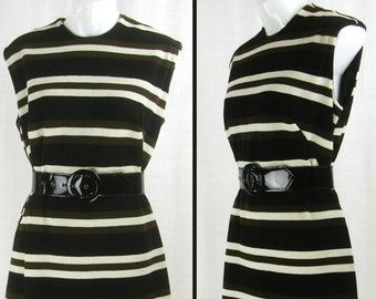 Vintage 60s-70s MOD wool shift Dress Brown White & Black Striped  14-L*