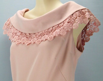 Vintage 70s Nardis Pink Maxi Dress: Floral Lace Cowl Neck, Back V (M)