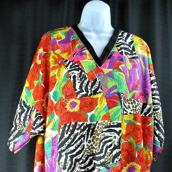 Vintage 80s 90s ~Winlar~ Hawaiian Caftan Muumuu House Dress ~One Size~ belt~ Floral resort lounge*