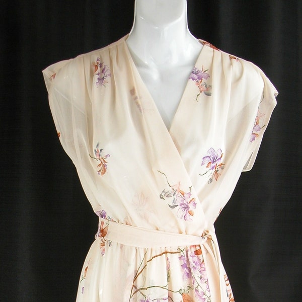 Vintage 1980s Semi-Sheer wrap Dress~ deep V neckline ~stunning Floral & Bird print~ Boho New Wave Disco Indie B32 XS*