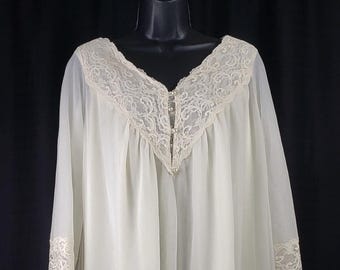 VTG jaren 60 kanten peignoir set nachtjapon chiffon badjas crème klokmouwen parels fee~M