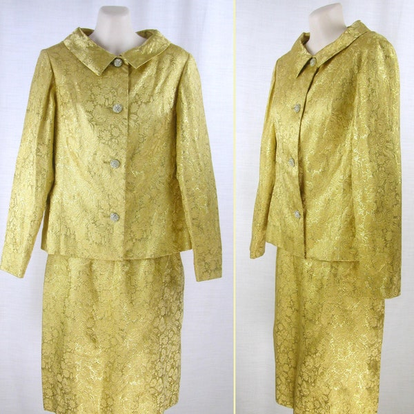 vintage 60s gold Brocade 2 PC dress Suit ~ MOD Jackie O style~ Wedding cocktail~  custom-made beautiful tailored~ rhinestone buttons~ 2-XS