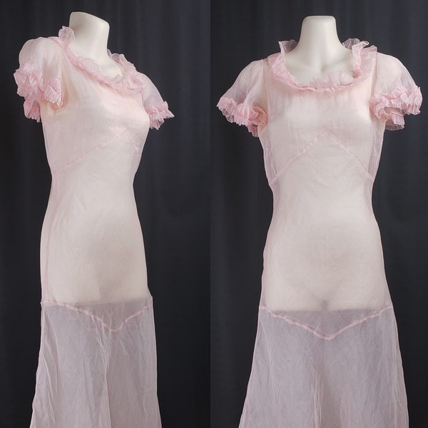 Vintage 30s Bias Cut Sheer silk? Organza Dress Gown~ XS~ Pink Pastel~  ruffles