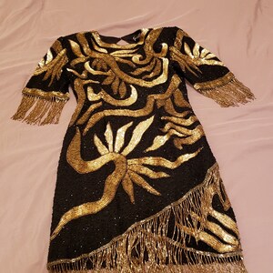 vintage NOS 80's 20's art-deco dress~ Black Silk~ Gold Sequins~ 4" bead FRINGE~ Cocktail Flapper ~Tan-Chho~ NOS  S