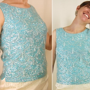 Vintage 60s ~STEPHEN CHU- Hong Kong~ cocktail party shell crop top tank sweater~ Gorgeous Glam~ wool~ sequins beading fringe~ size XS B32