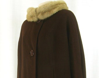 Vintage 50s 60s ~Crestmoor~ Coco Wool coat ~Mink wedding ring fur collar~ raglan sleeves~ large covered buttons~ swing B42*