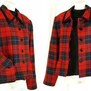 Vintage 90s-00s ~KASPER for A.S.L.~ Coat Blazer Jacket~ Red & Black Plaid tartan~ 100% wool~velvet accents~ Career holiday B42 *