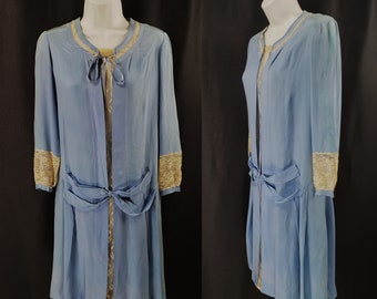 VTG Antique 1920's azul Seda cintura caída Vestido de día Encaje francés Mangas largas 0-2/XS