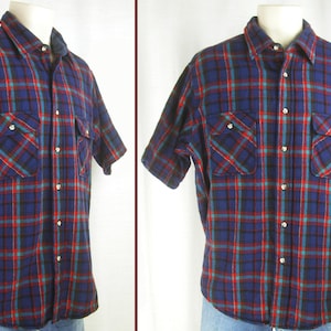 Vtg 80s – 90s Blues-Reds-White Plaid wool unusual Short Sleeve ~ST. JOHN’S BAY~ Shirt    17 1/2