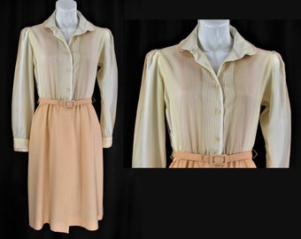 Vintage 70s Fall Silky striped Ruffle Secretary shirt-waist Dress with belt~ Geek prim~  Sz M*