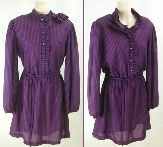 Vtg 60s-70s Purple Pinstripe long sleeve Crepe Mi… - image 1