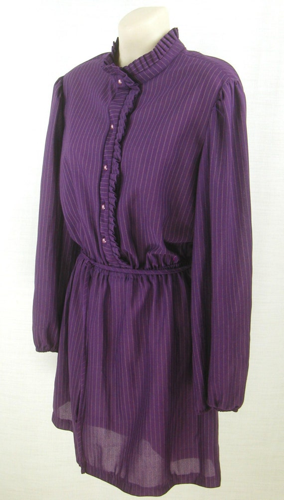 Vtg 60s-70s Purple Pinstripe long sleeve Crepe Mi… - image 5