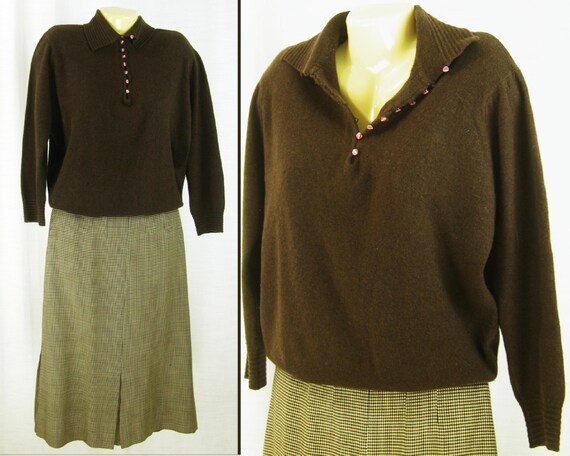 Vintage 50’s – 60’s  Brown Knit Sweater and Check… - image 2