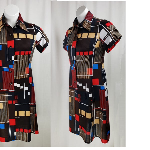 Vintage 1970’s ~Parkshire Original~Dress Multi-Color block geometric print~ USA made~W34 M*
