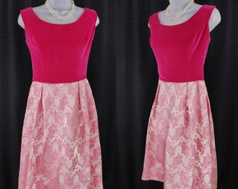 VTG 60s-70s MOD pink mini Dress~Cocktail party Wedding~velvet brocade floral W26