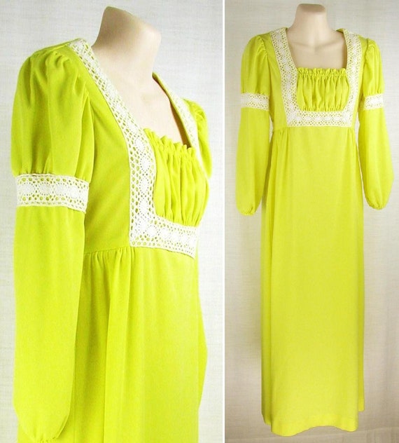 vintage 70s Bright Yellow MAXI Dress wide lace acc