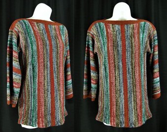 Vintage 1970s pullover tunic Sweater~ striped homespun nubby knit ~ boatneck bell sleeves~ BOHO Hippie~ B34*