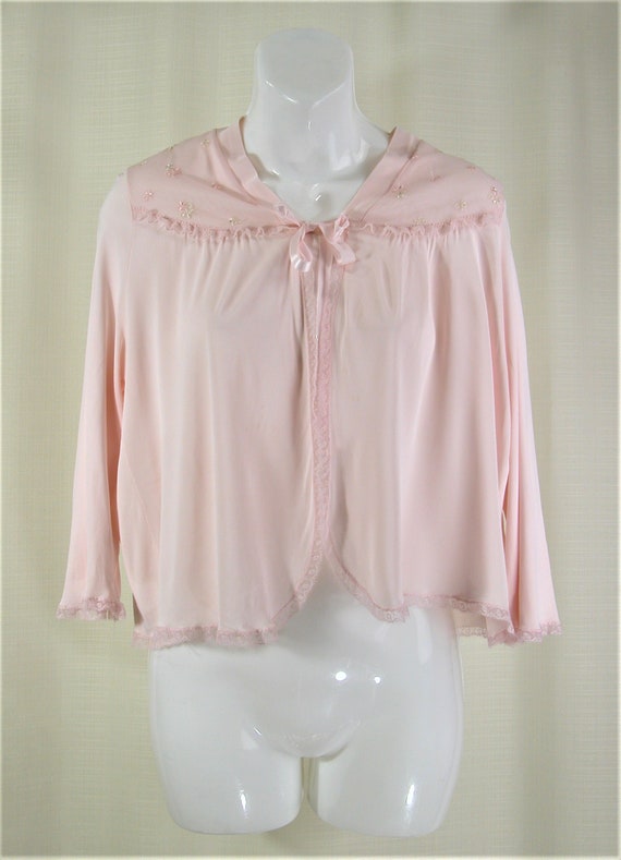 Vintage 1950s Lorraine Pink Nylon Bed Jacket Lace E… Gem