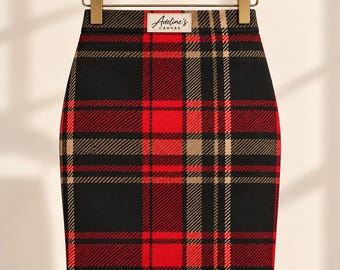 Red Black Tartan Plaid Pencil Skirt