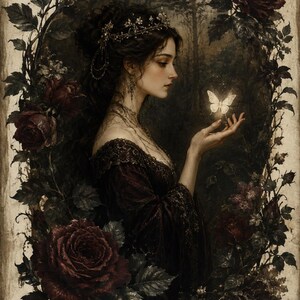 Peut inclure: Un portrait d'une personne aux cheveux sombres portant une robe rouge foncé et une couronne, tenant un papillon blanc lumineux. La silhouette est encadrée de roses rouge foncé et de feuillage sur un fond sombre rappelant une forêt.