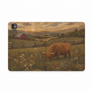 May include: A rectangular phone case featuring a textured landscape illustration of a shaggy highland cow grazing in a wildflower meadow. The scene includes a wooden fence, a red barn, rolling hills, and a sunburst sky in warm golden tones.