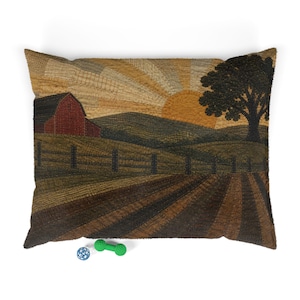 May include: A rectangular throw pillow featuring a textured, hooked-rug style landscape scene of a red barn, a large tree, and a sunburst over rolling hills and a fenced field. A small blue spherical toy and a green dumbbell-shaped toy lie below.