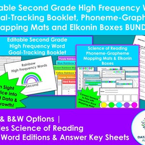 May include: An educational bundle featuring an editable second grade high frequency word goal-tracking booklet, phoneme-grapheme mapping mats, and Elkonin boxes. Includes color and black and white options, heart-word editions, and answer key sheets.