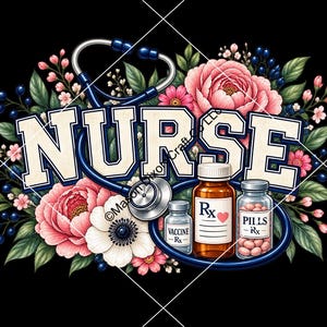 Op de afbeelding: Een grafisch ontwerp met het woord NURSE in grote, crèmekleurige blokletters met donkerblauwe omlijningen. Een donkerblauwe stethoscoop, roze en witte bloemen, groene bladeren en drie medicijnflesjes met de labels VACCINE, RX en PILLS.