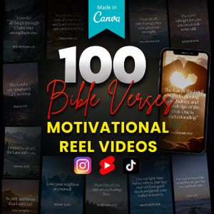 以下が含まれることがあります： 100個の聖書の言葉をテーマにしたモチベーション動画リールのデジタルコレクション。風景背景に聖句が引用されており、スマートフォンモックアップ、Canvaロゴ、Instagram、YouTube、TikTokのソーシャルメディアアイコンが表示されています。
